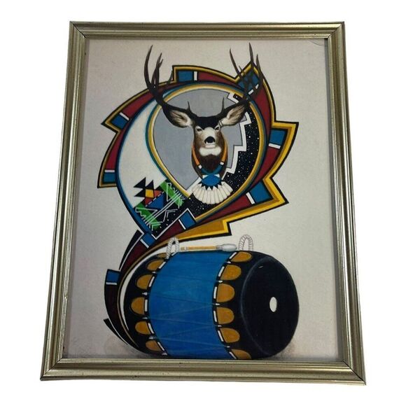 Southwest Native American Elk Deer Buck Drum Print Picture Framed 8.75x10.75 VTG - Picture 1 of 6